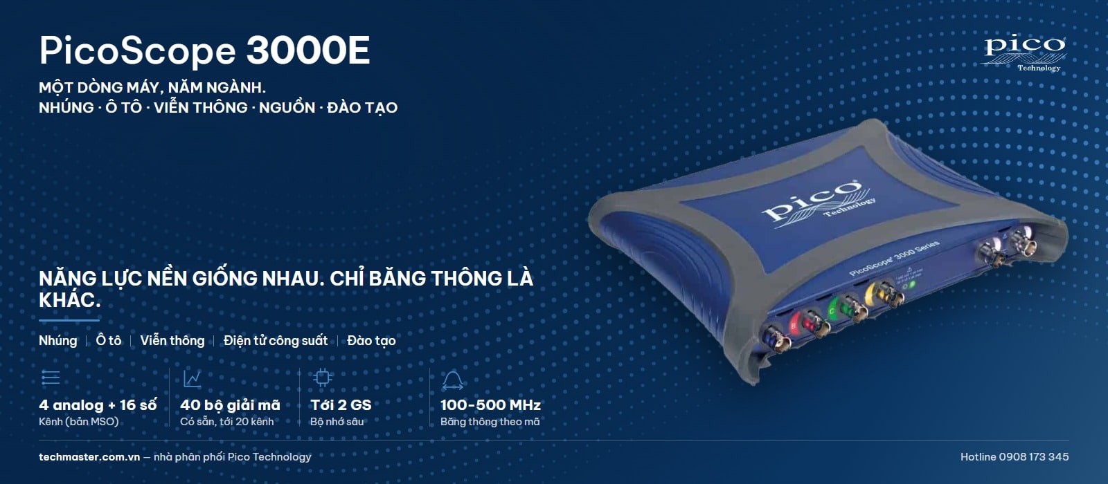 Máy hiện sóng 500 MHz PicoScope 3000E dùng trong năm ngành: nhúng, ô tô, viễn thông, điện tử công suất và đào tạo