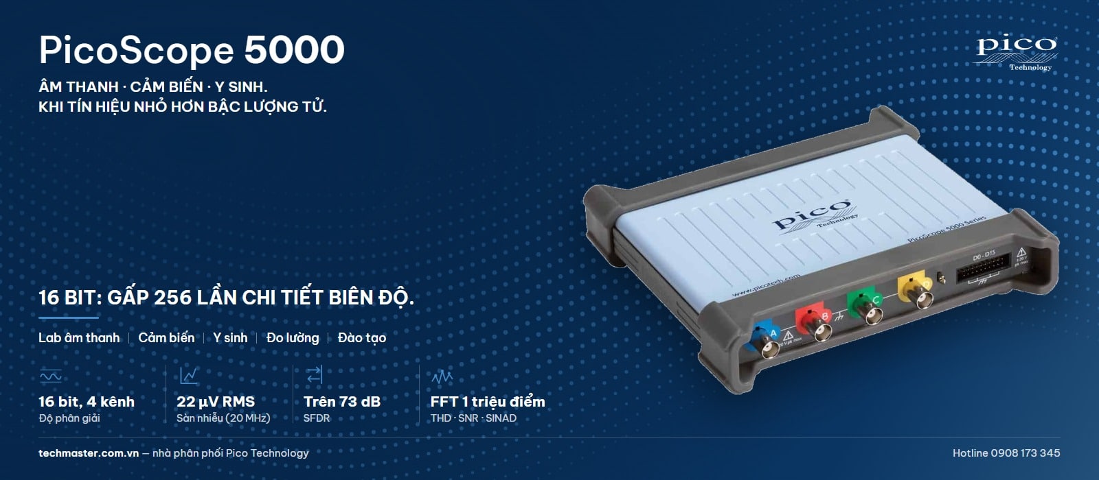 Máy hiện sóng phòng thí nghiệm PicoScope 5000 độ phân giải 16 bit dùng trong lab âm thanh, đo cảm biến và mạch thiết bị y sinh