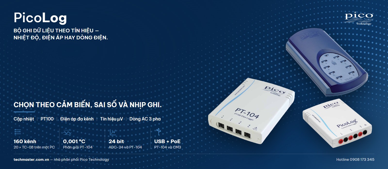 Bộ ghi dữ liệu PicoLog: bộ ghi nhiệt độ TC-08, PT-104 và bộ ghi dòng điện CM3