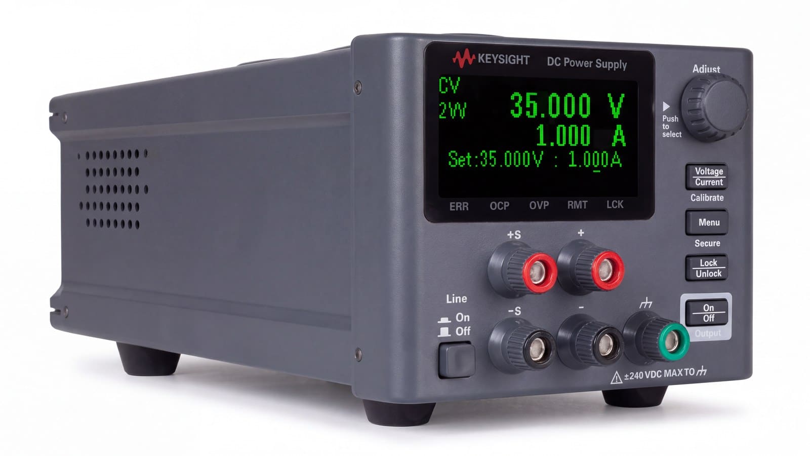 bộ nguồn DC lập trình Keysight E36104B 35 V/1 A chụp studio nền trắng góc 3/4