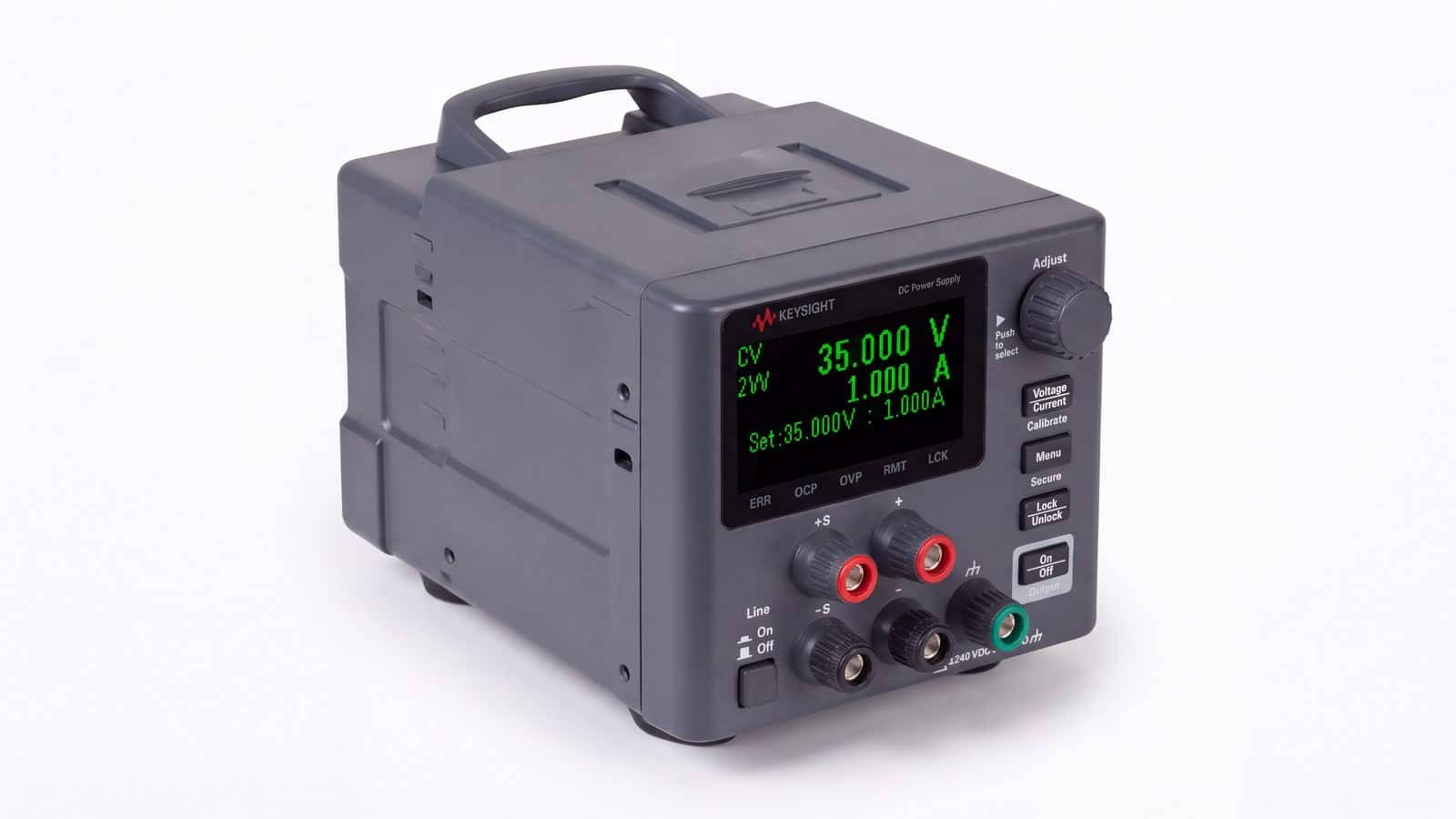 Bộ nguồn DC Keysight nhìn từ góc nghiêng, cọc ra và màn hình OLED