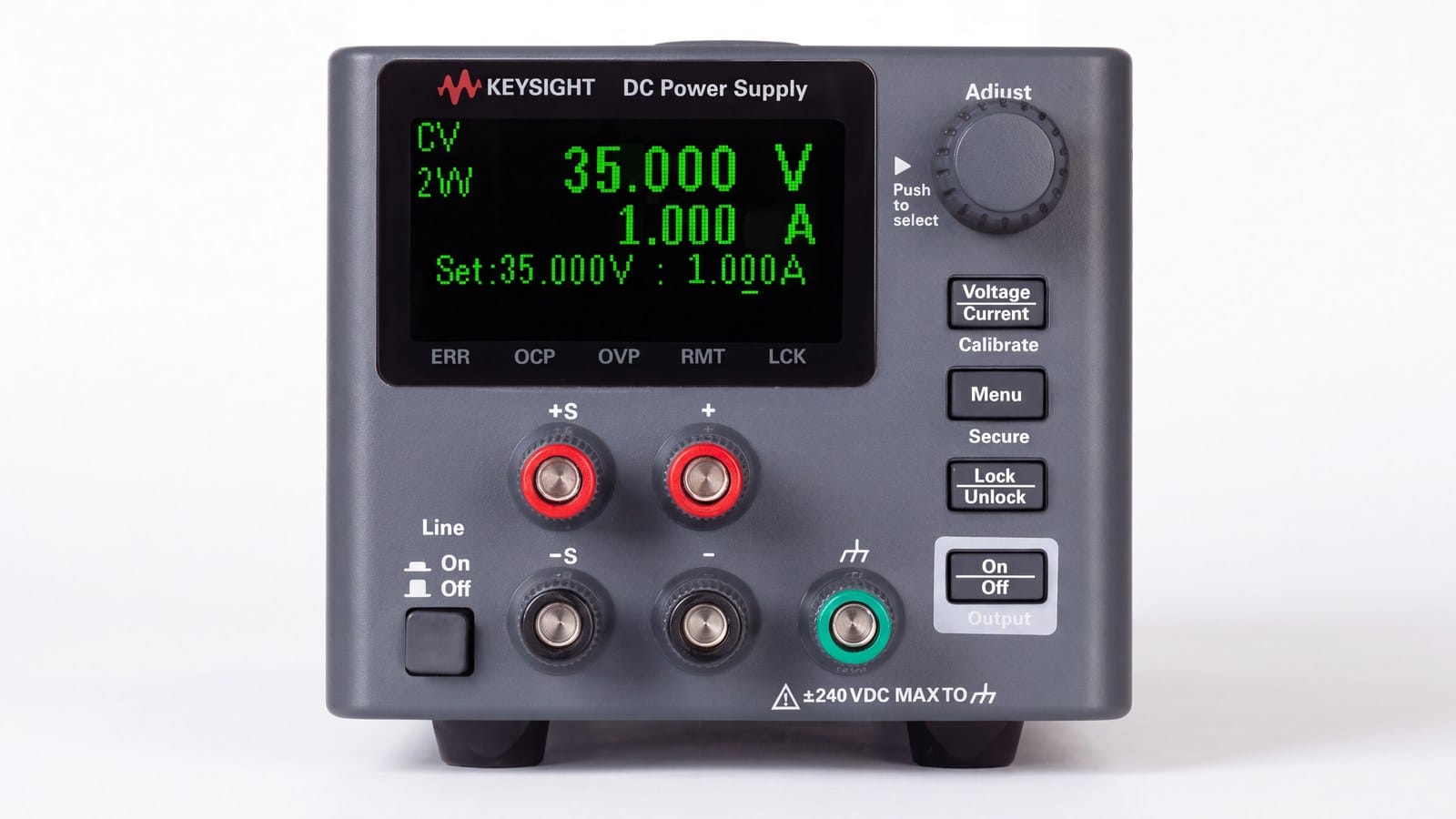 Mặt trước Keysight E36104B với màn hình OLED, núm xoay và cọc đấu ngõ ra