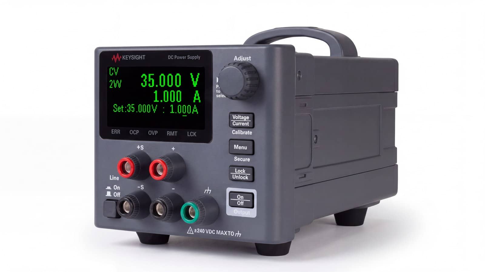 Bộ nguồn DC Keysight E36104B góc 3/4 trên bàn thí nghiệm