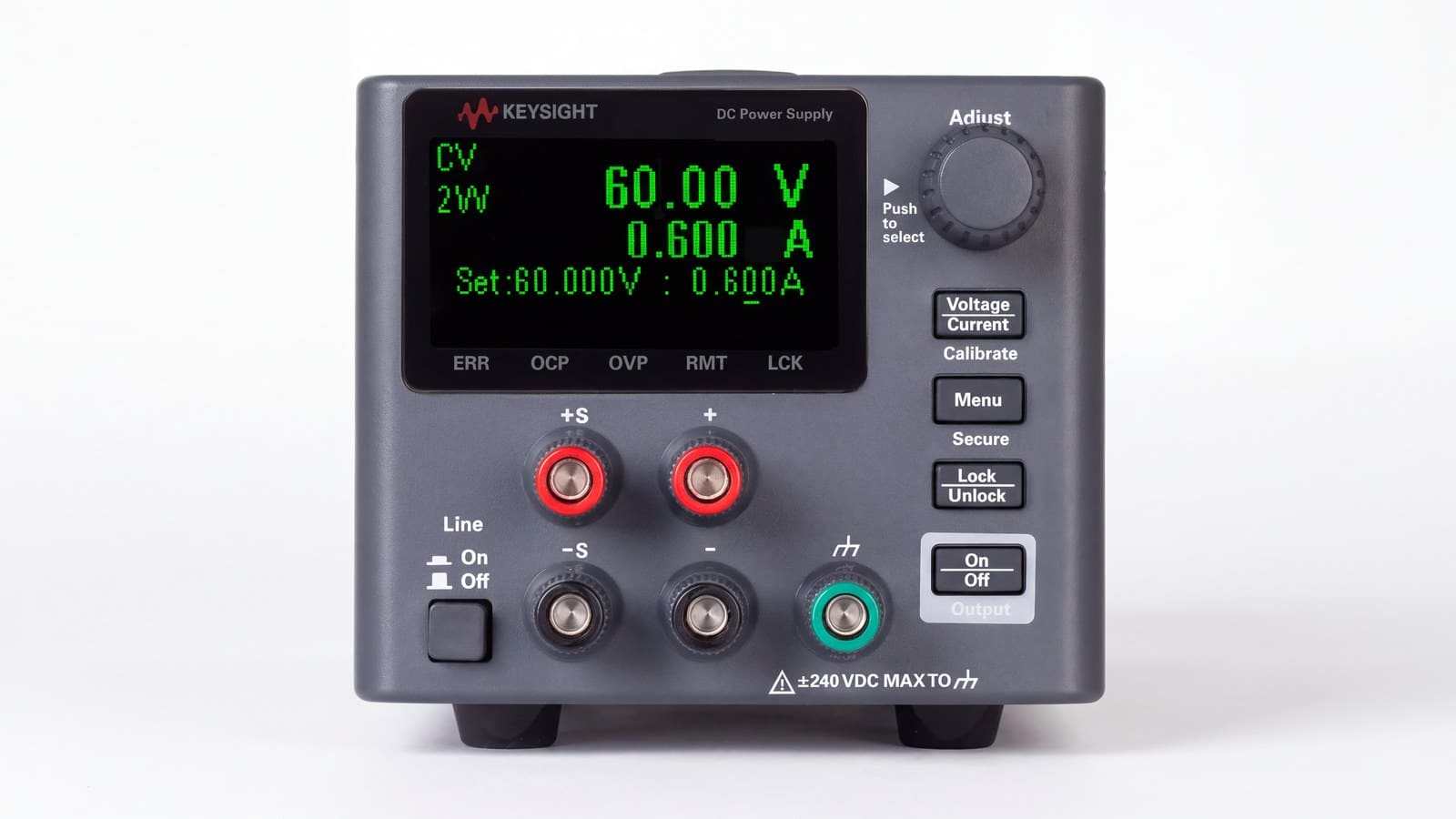 Mặt trước Keysight E36105B với màn hình OLED và núm xoay