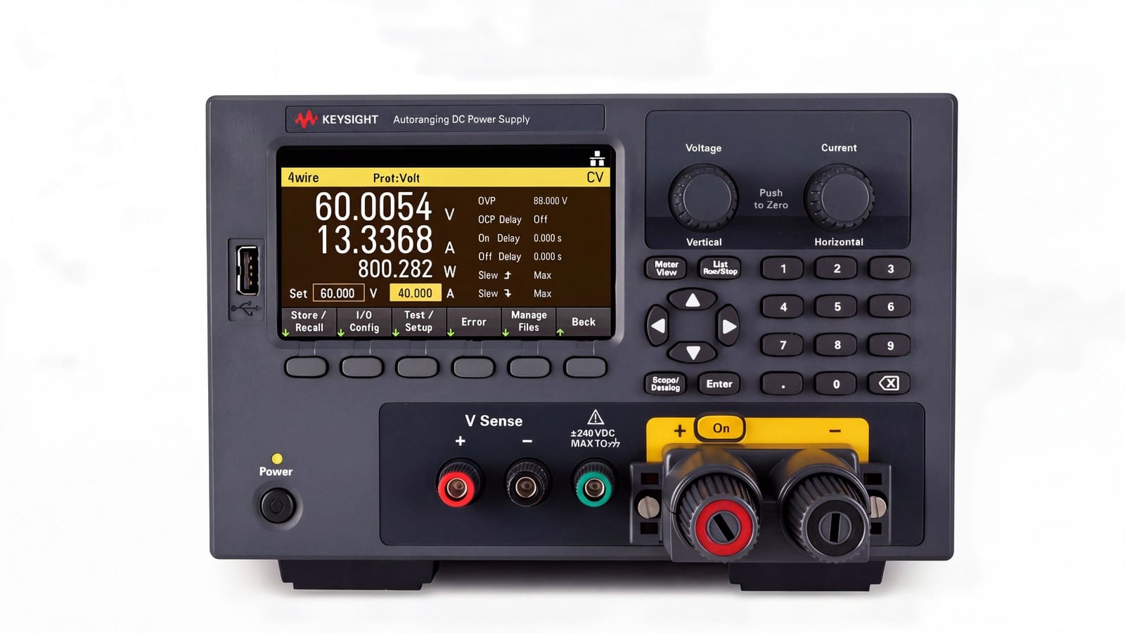 Mặt trước bộ nguồn DC công suất cao Keysight E36155A với màn hình LCD màu và núm chỉnh áp dòng