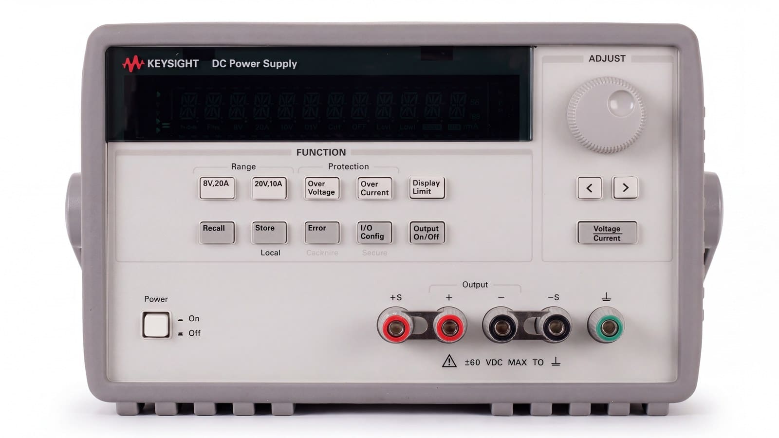 Mặt trước bộ nguồn DC Keysight E3633A với núm xoay, bàn phím và cực ra mặt trước