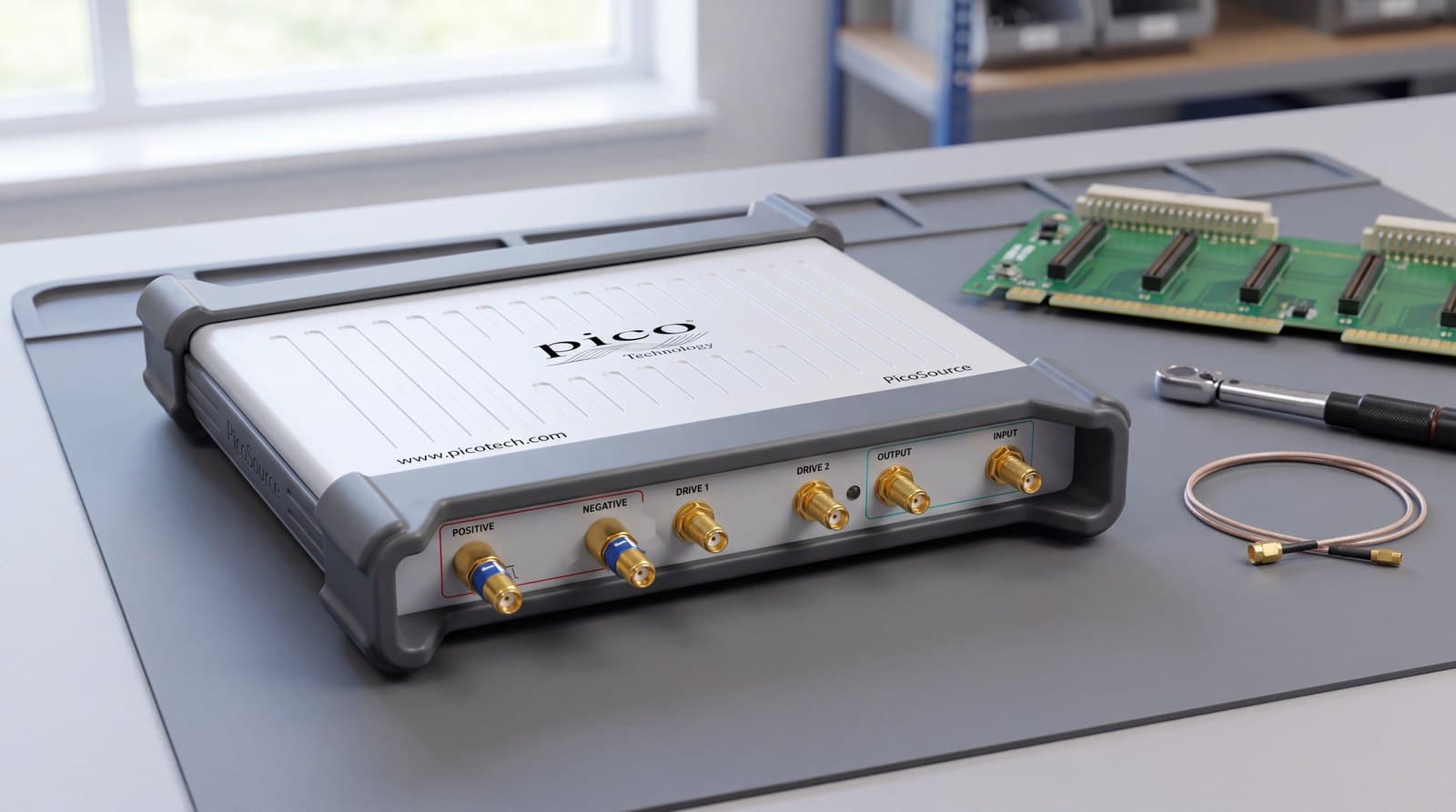Bộ phát xung picosecond PicoSource PG914 trên bàn đo tín hiệu tốc độ cao