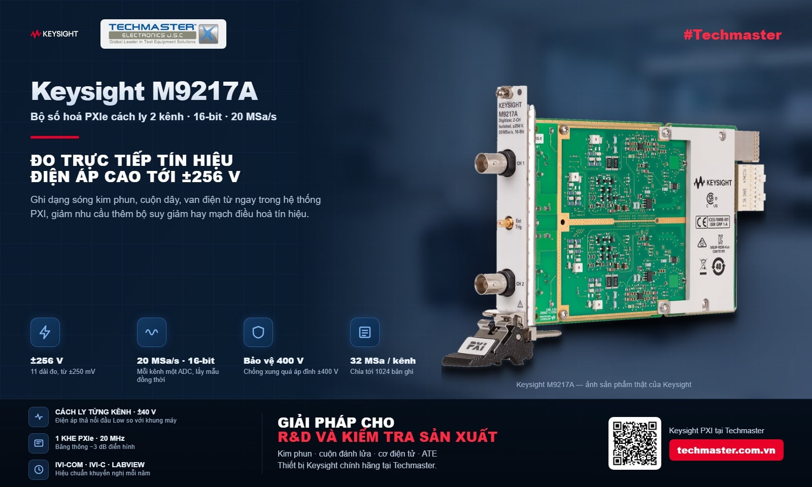 Bộ số hoá PXIe cách ly Keysight M9217A 2 kênh 16-bit 20 MSa/s đo trực tiếp tín hiệu tới ±256 V