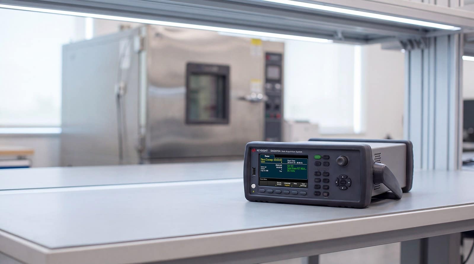 Hệ thống thu thập dữ liệu Keysight DAQ970A đặt cạnh buồng thử nghiệm môi trường trong nhà máy
