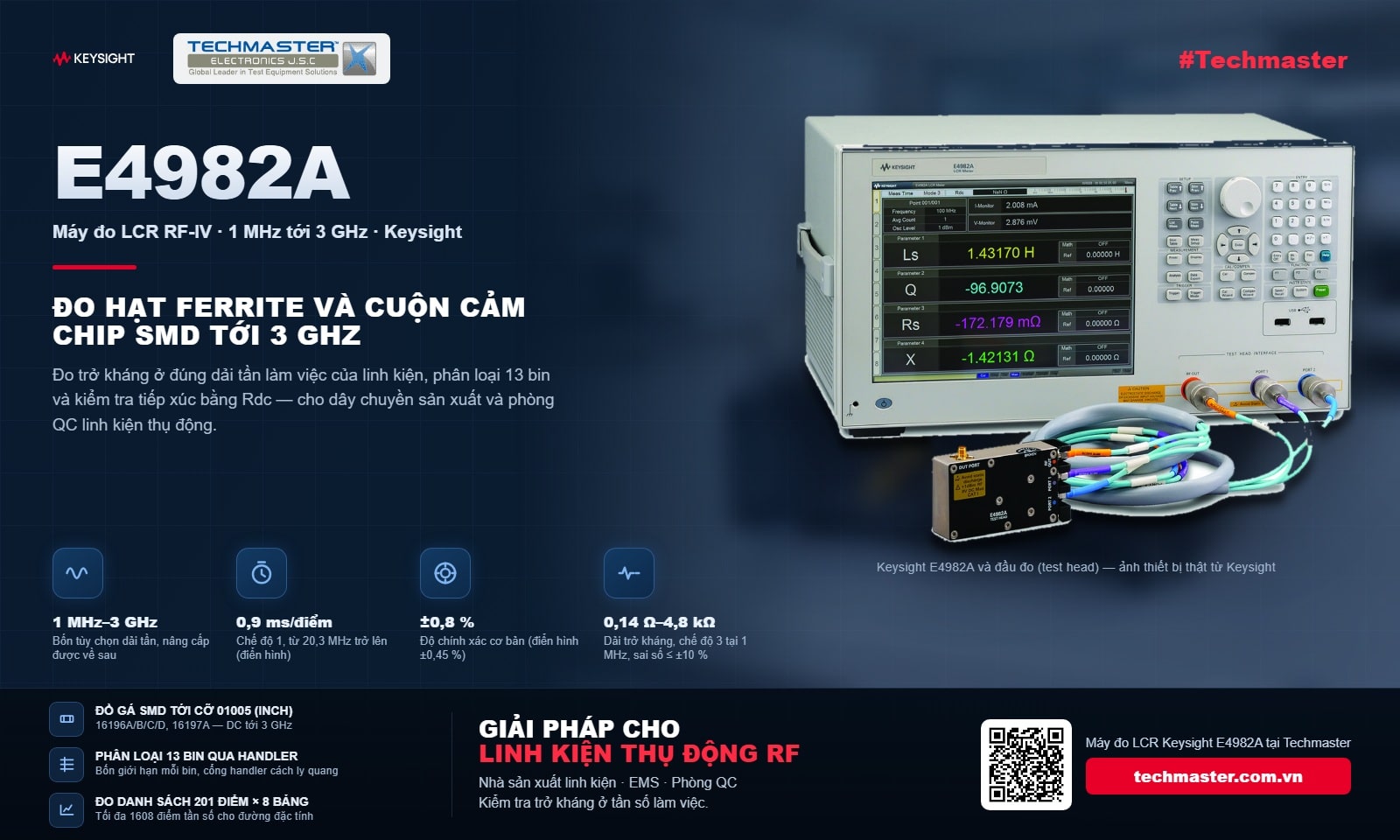 Đo hạt ferrite và cuộn cảm chip SMD tới 3 GHz với máy đo LCR tần số cao Keysight E4982A