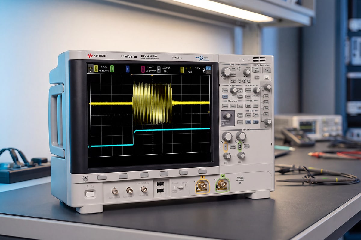 Máy hiện sóng Keysight InfiniiVision 6000 X trong phòng lab, minh họa phép đo xung đánh thức TC10