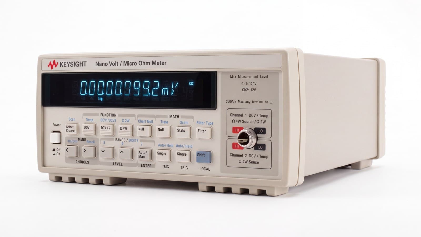 Keysight 34420A nhìn nghiêng cho thấy thân máy để bàn, thiết bị đo nano-volt micro-ohm