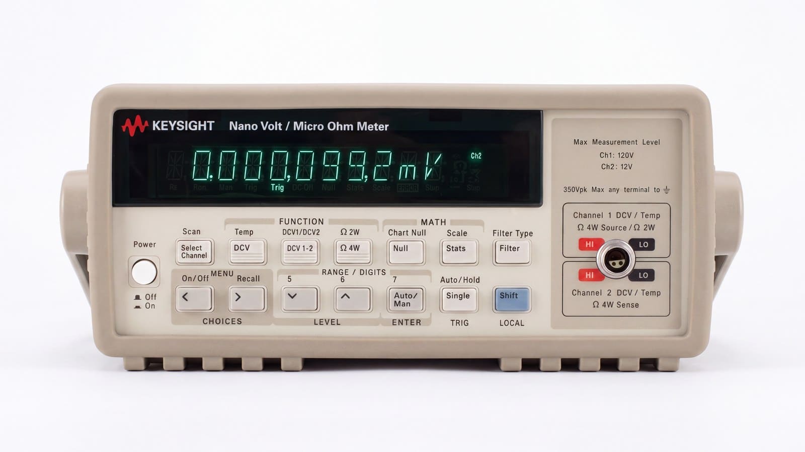 Mặt trước Keysight 34420A: màn hình hiển thị số đọc milivolt và các cụm phím FUNCTION, MATH, RANGE