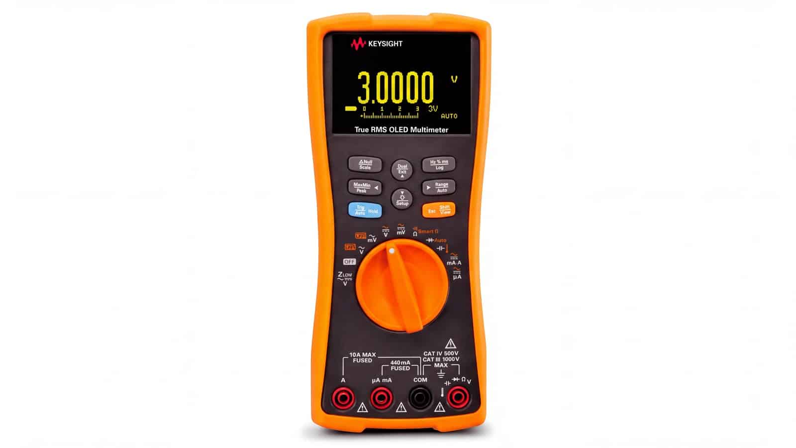 Mặt trước Keysight U1273A với núm xoay chức năng và màn hình OLED hiển thị kép