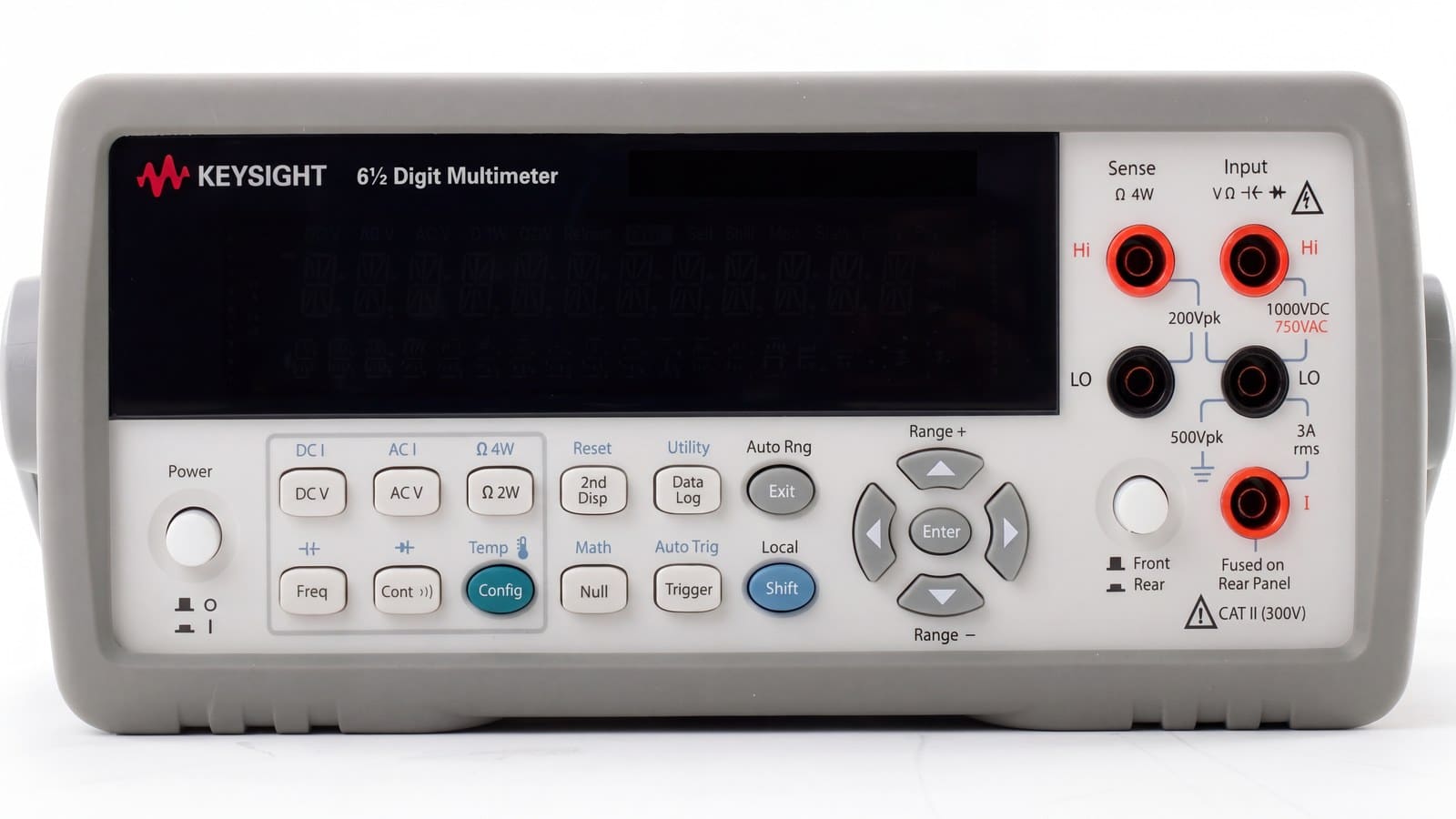 Mặt trước Keysight 34410A với màn hình hai dòng và các phím chức năng đo