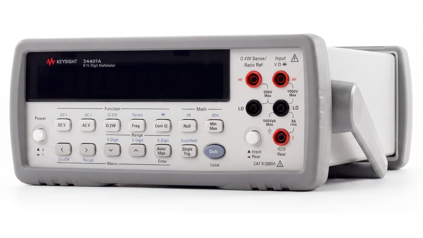 Keysight 34401A nhìn nghiêng, thấy rõ cọc đấu Ω 4W Sense và Input V Ω trên mặt trước