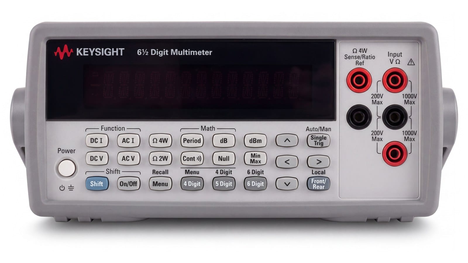 Mặt trước đồng hồ vạn năng Keysight 34401A với hai hàng phím Function và Math