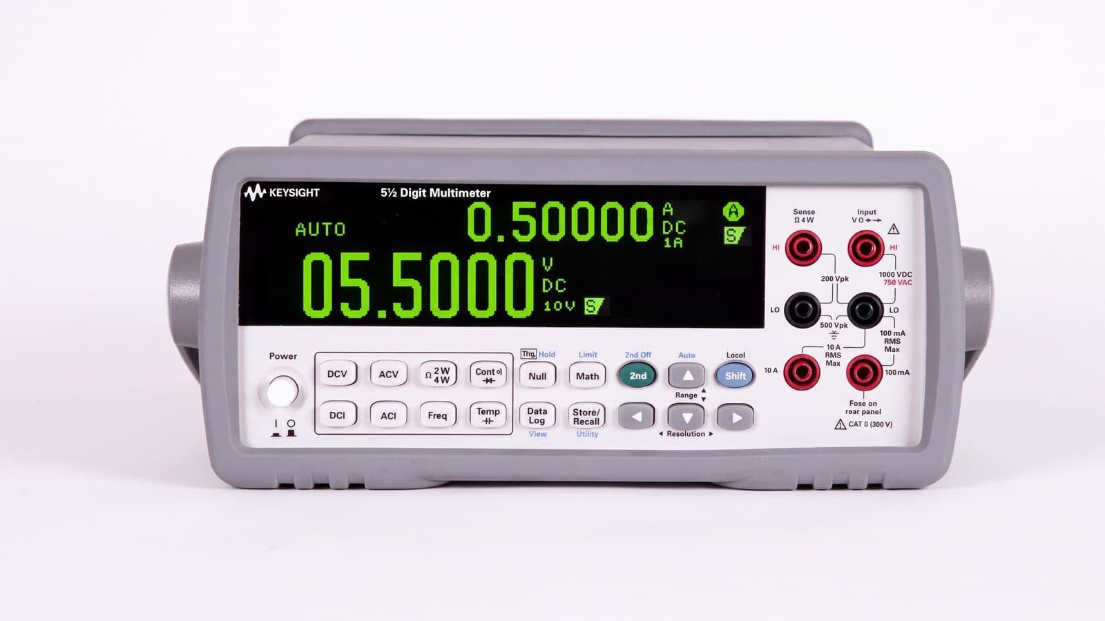Mặt trước đồng hồ vạn năng Keysight 34450A với phím chức năng và cọc đấu