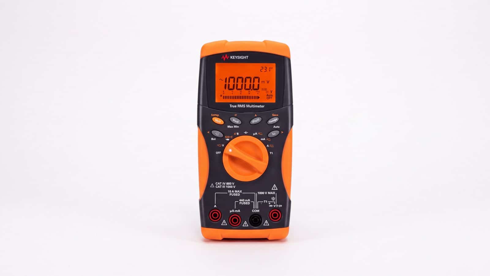 Mặt trước đồng hồ vạn năng cầm tay Keysight U1241B với núm xoay chọn chức năng và hai cổng dòng