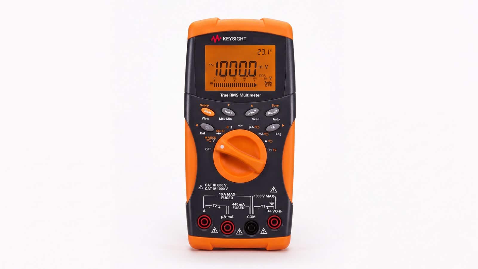 Mặt trước đồng hồ vạn năng Keysight U1242B với màn hình 10.000 counts và núm xoay chọn chức năng