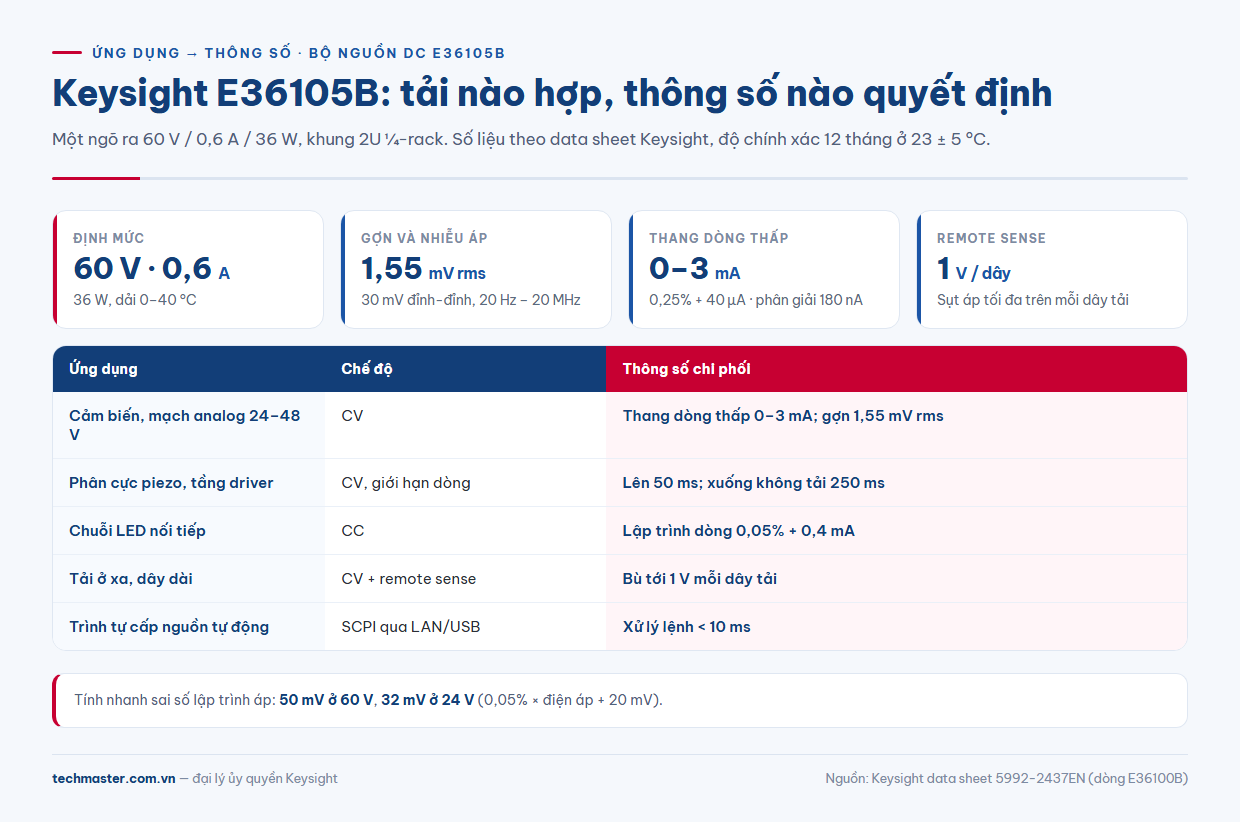 Infographic E36105B thông số: 60 V, 0,6 A, gợn 1,55 mV rms, thang dòng thấp 0–3 mA
