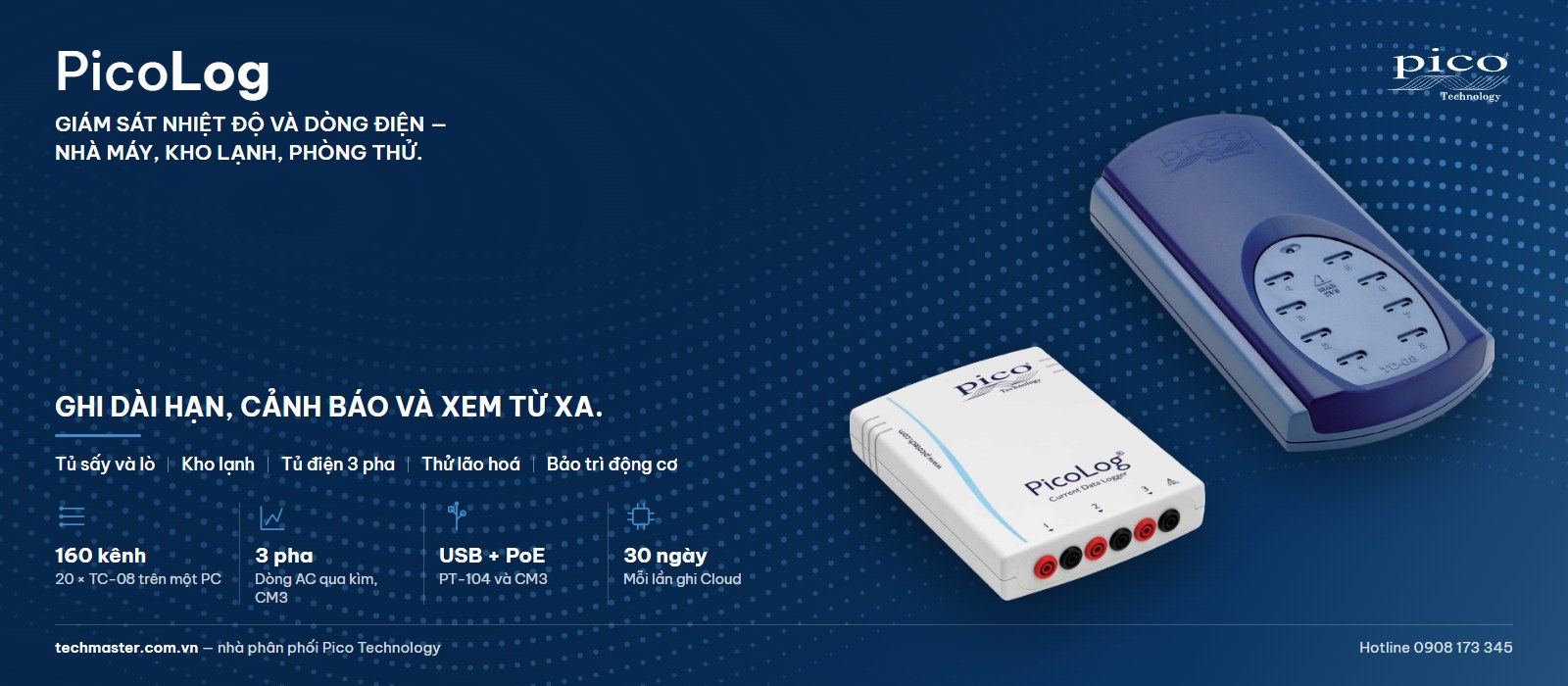 Giám sát nhiệt độ nhà máy và dòng điện 24/7 bằng bộ ghi PicoLog TC-08 và CM3