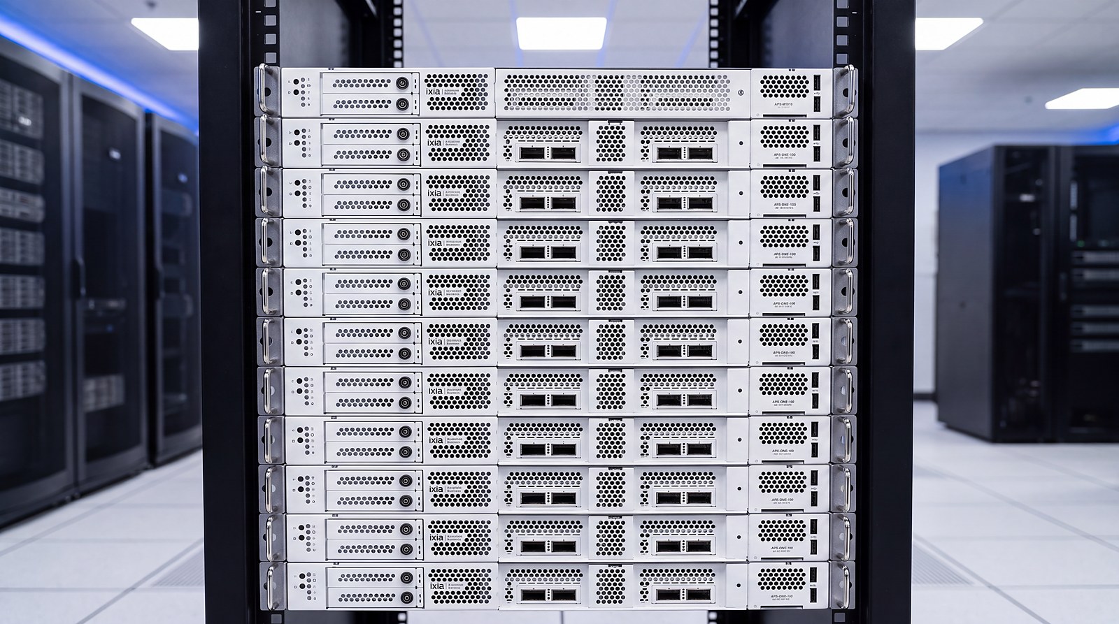 Hệ kiểm thử hiệu năng mạng đám mây Keysight gồm bộ điều khiển APS-M1010 và mười node APS-ONE-100 lắp trong tủ rack trung tâm dữ liệu