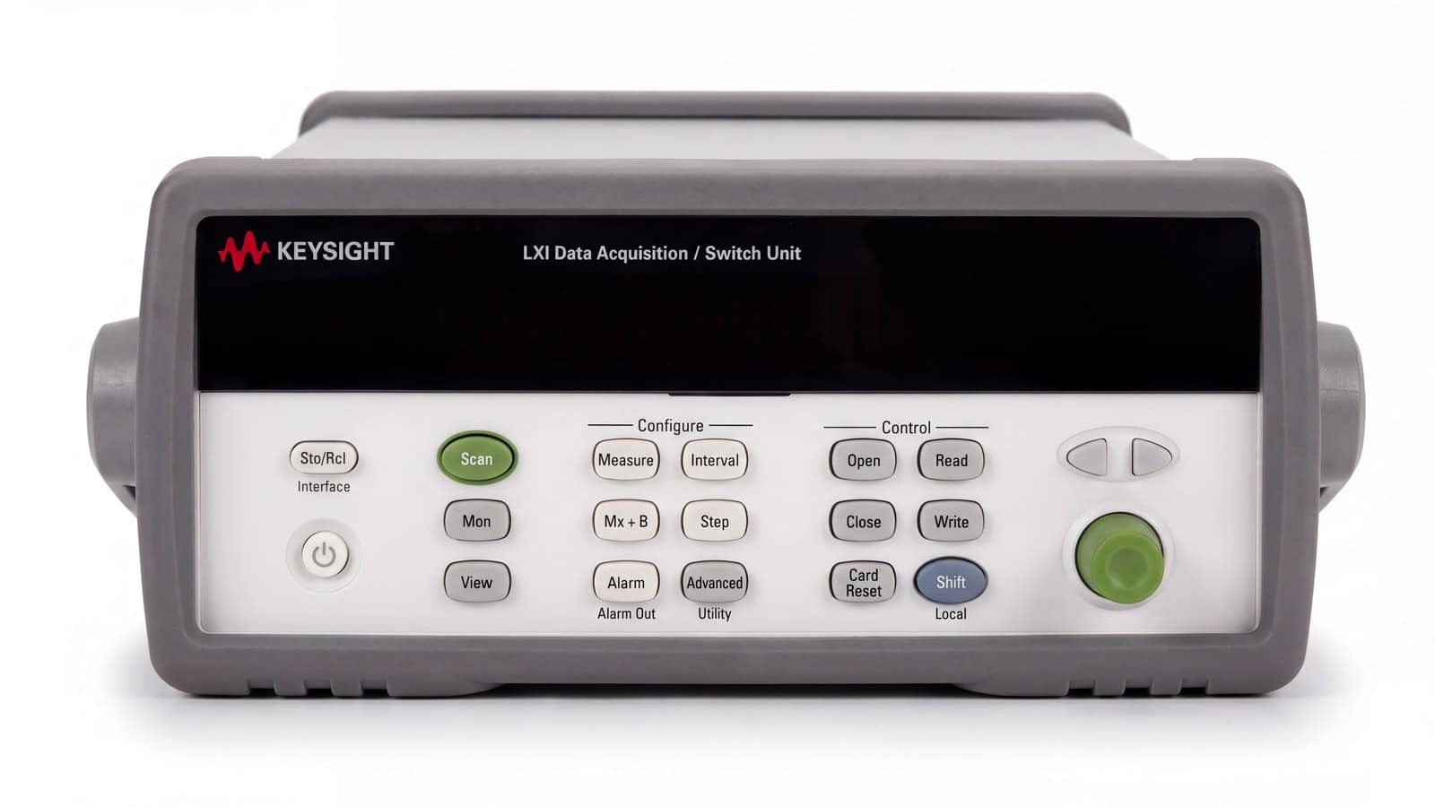 Mặt trước hệ thống thu thập dữ liệu Keysight 34972A với phím chức năng và khe module