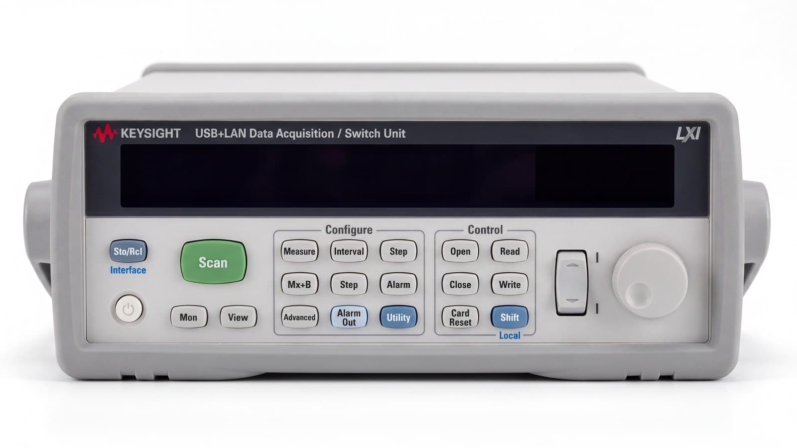 Mặt trước Keysight 34972A với màn hình, bàn phím chức năng và cổng USB