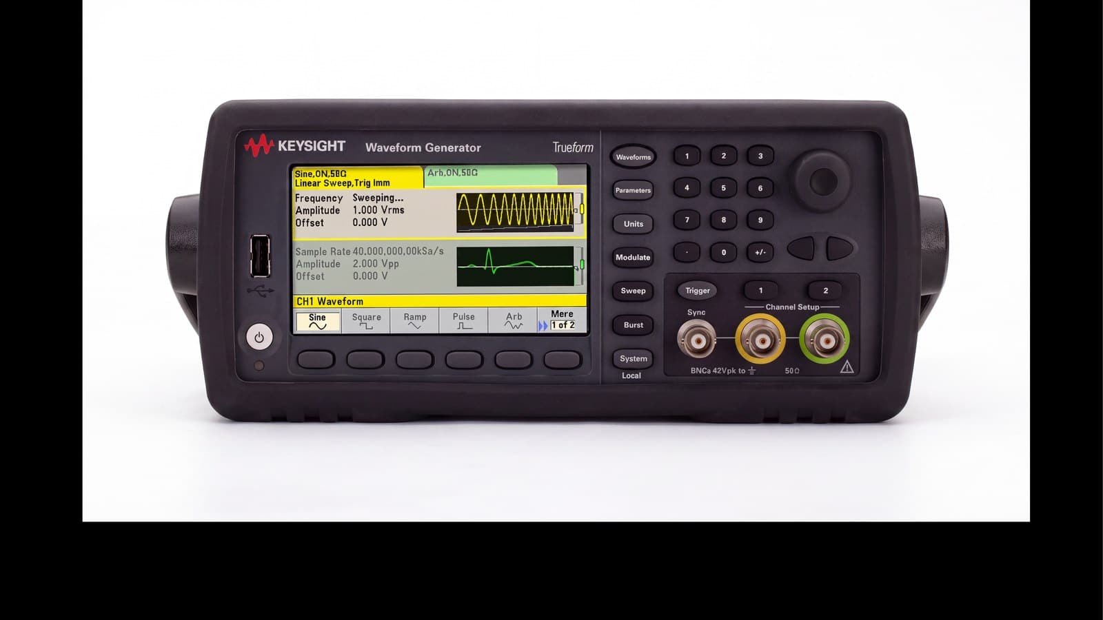 Mặt trước máy phát sóng hàm Keysight 33510B với màn hình màu và hai đầu ra BNC