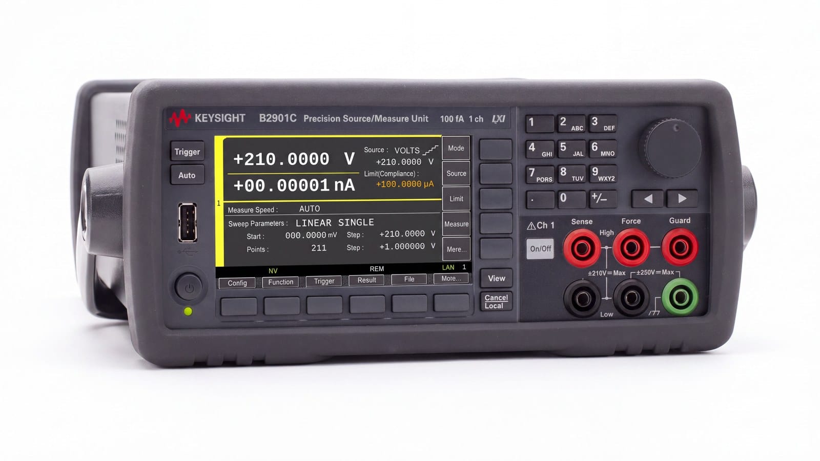 Nguồn đo SMU Keysight B2900C model B2901C nhìn phối cảnh, thấy rõ thân máy và cọc đấu