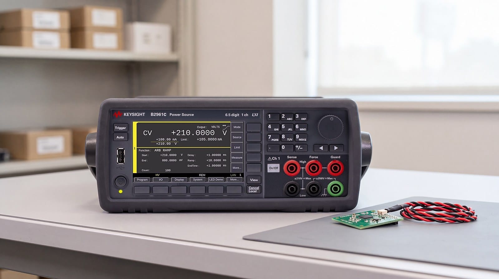 Nguồn điện nhiễu thấp Keysight B2961C một kênh nhìn thẳng mặt trước, màn hình cài đặt dạng sóng ARB RAMP, bên cạnh bo cảm biến