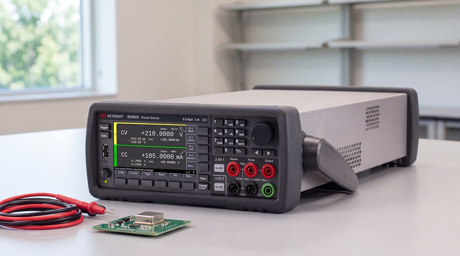 Nguồn điện nhiễu thấp Keysight B2962C hai kênh trên bàn lab R&D, bên cạnh bo mạch dao động thạch anh và cặp dây đo đỏ đen