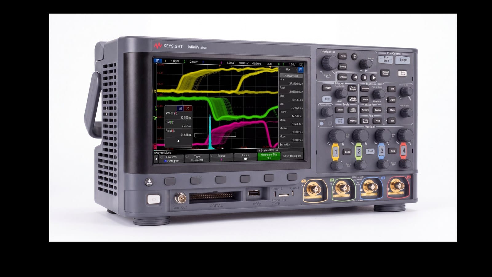 Máy hiện sóng 3000X-Series Keysight DSOX3014G nhìn phối cảnh, thấy rõ chiều sâu thân máy và tay xách