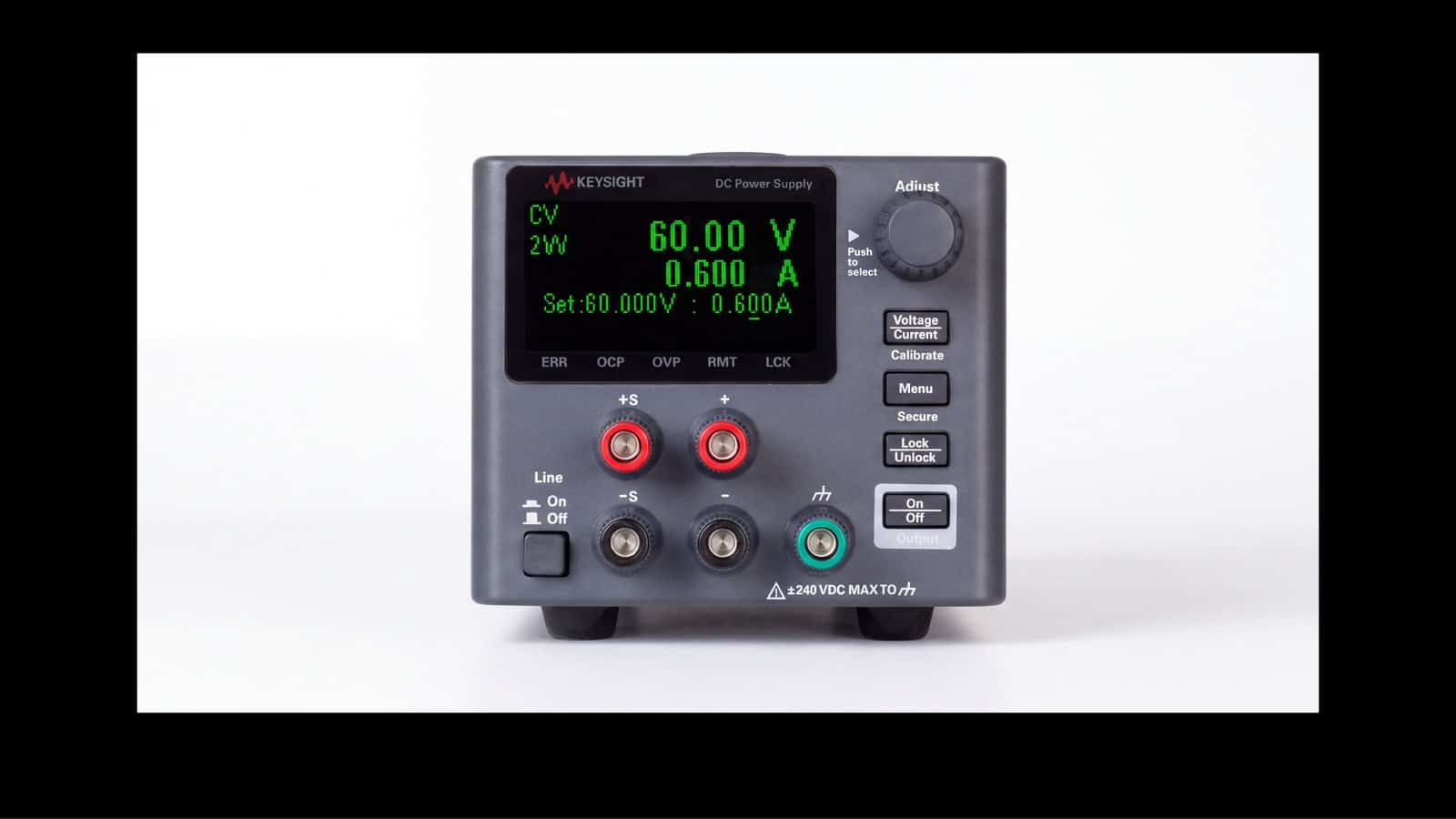 Mặt trước bộ nguồn DC Keysight E36105B với màn hình OLED và cọc đấu đầu ra