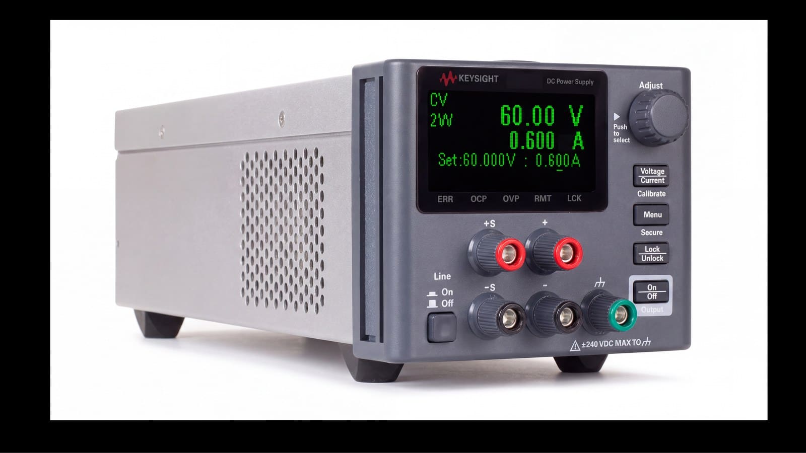 Bộ nguồn DC Keysight E36100B model E36105B nhìn phối cảnh, thấy rõ thân máy và khe tản nhiệt