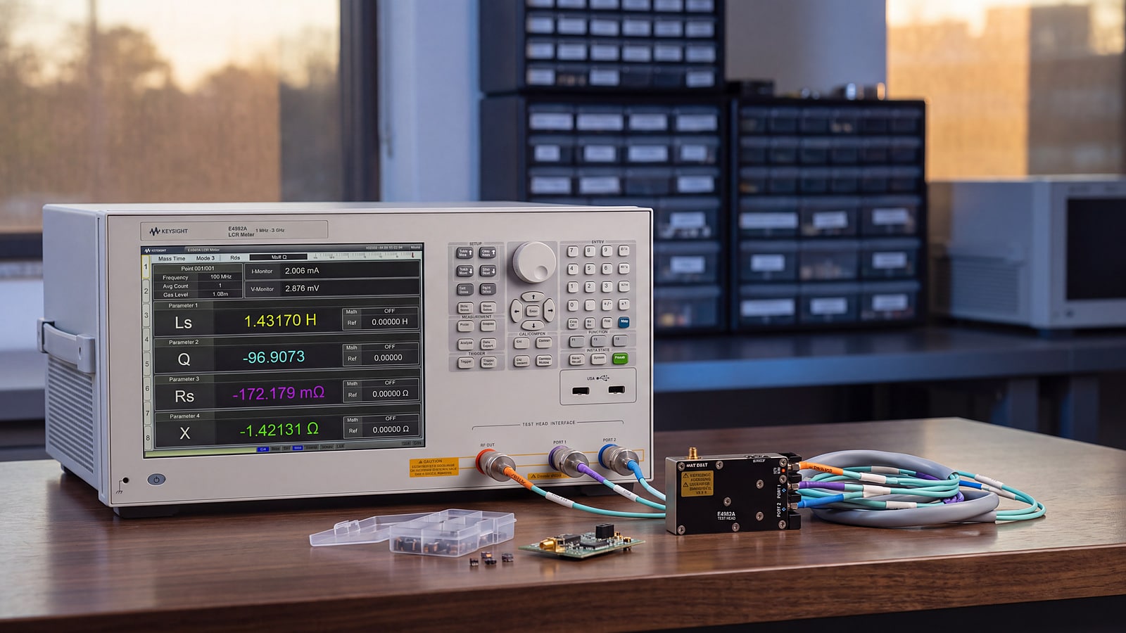 Keysight E4982A và đầu đo trên bàn phòng lab R&D đo cuộn cảm chip SMD RF