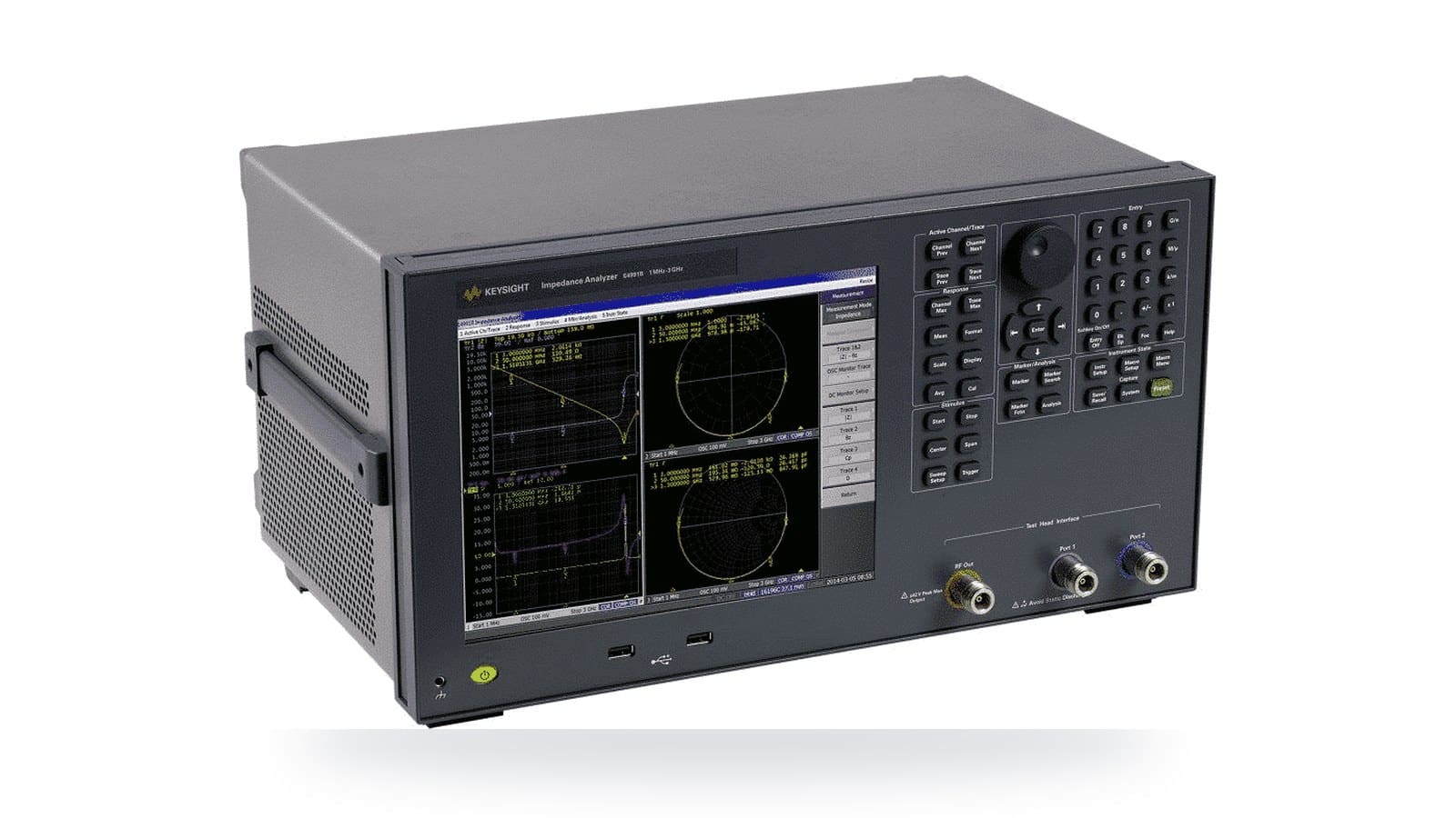 Máy phân tích trở kháng rf Keysight E4991B chụp góc 3/4 trên nền studio trắng