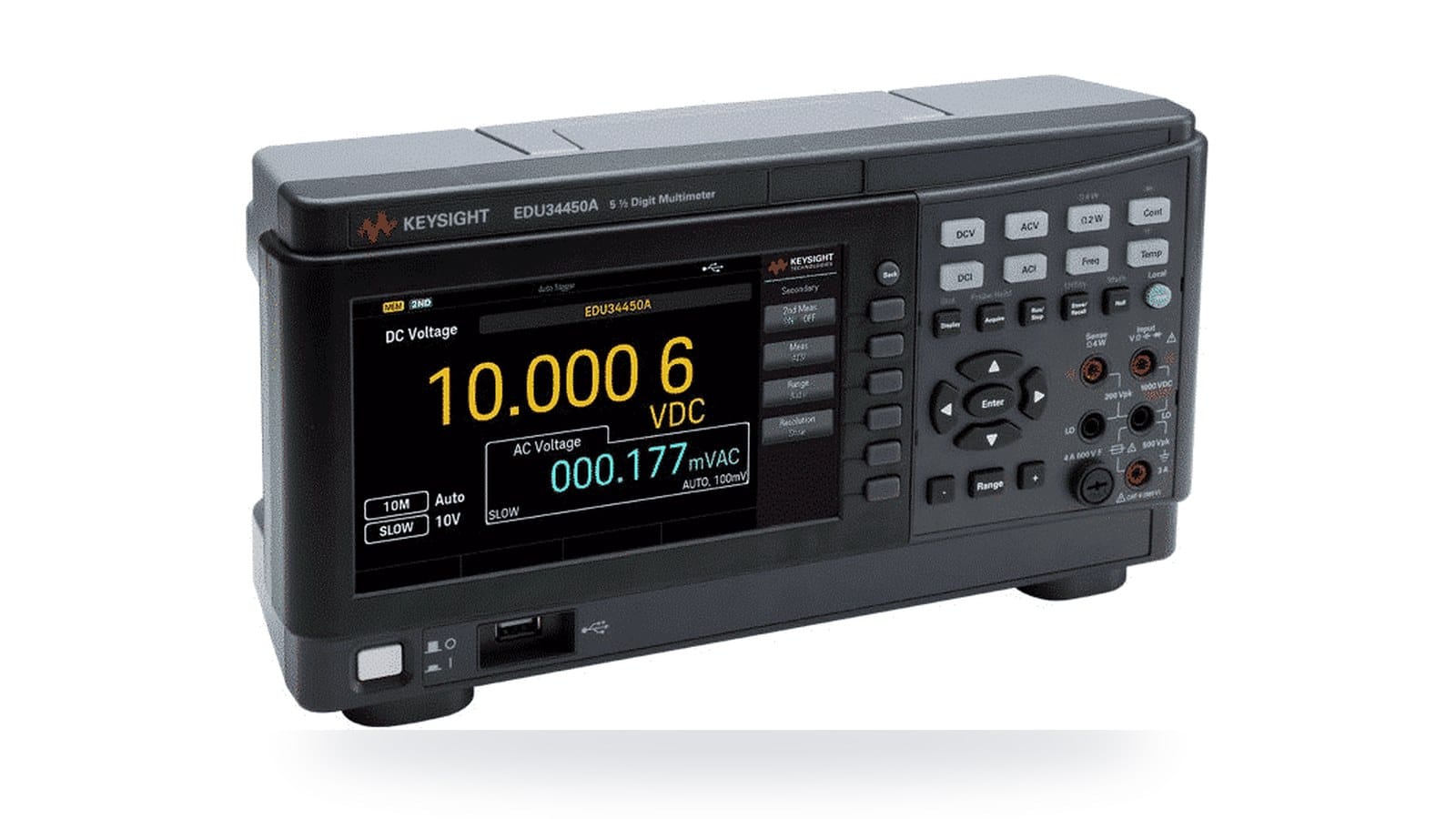 Đồng hồ vạn năng để bàn Keysight EDU34450A chụp góc 3/4 trên nền studio trắng