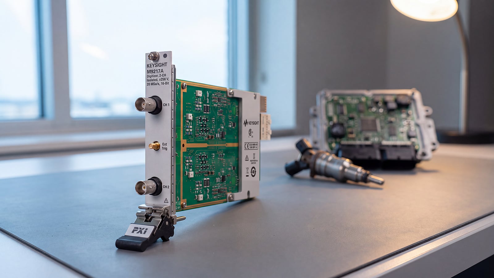 Bộ số hoá PXIe cách ly Keysight M9217A trên bàn thí nghiệm điện tử ô tô cạnh kim phun và bo mạch điều khiển