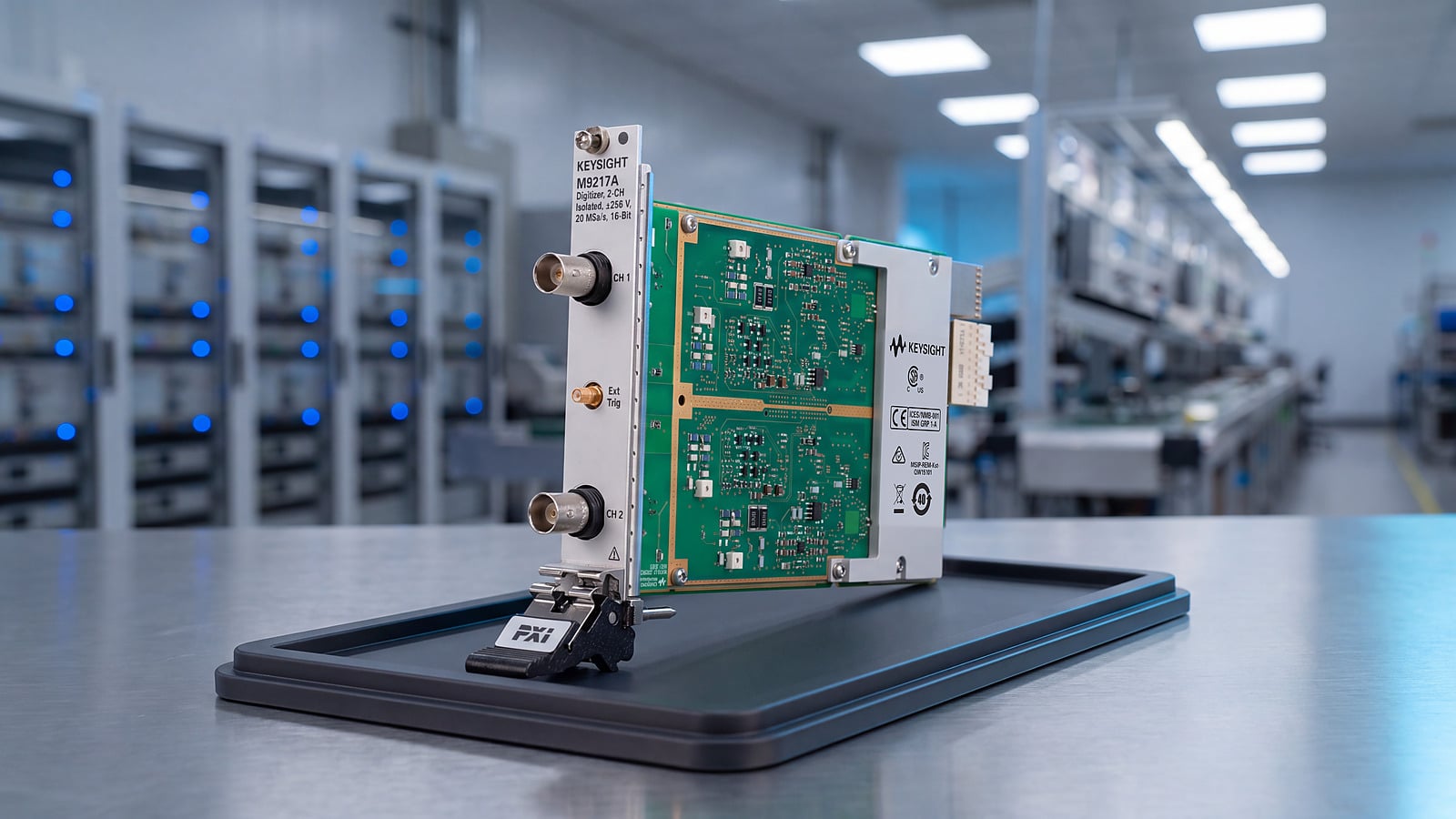 Keysight M9217A tại trạm kiểm tra sản xuất điện tử, phía sau là tủ rack đo kiểm và dây chuyền lắp ráp