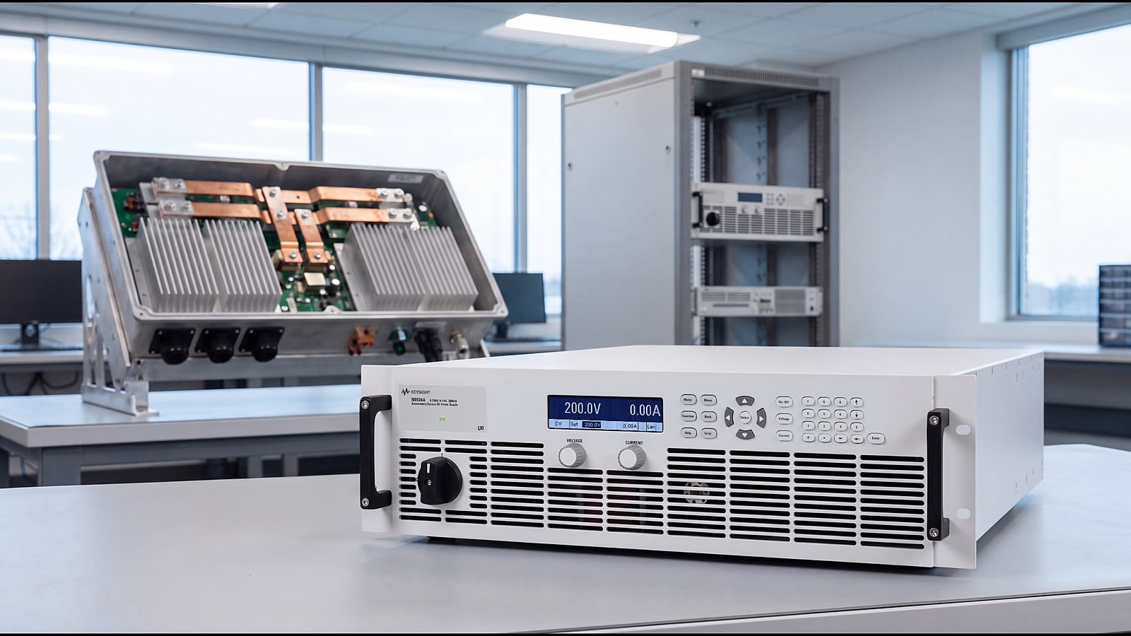 Nguồn DC công suất cao Keysight N8900 trên bàn thí nghiệm R&D bộ nghịch lưu, phía sau là nguyên mẫu inverter và tủ rack
