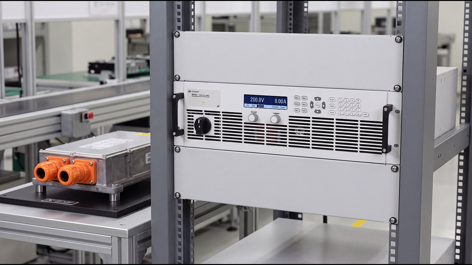 Nguồn DC Keysight N8900 lắp trong tủ rack của trạm kiểm tra sản xuất bộ chuyển đổi công suất