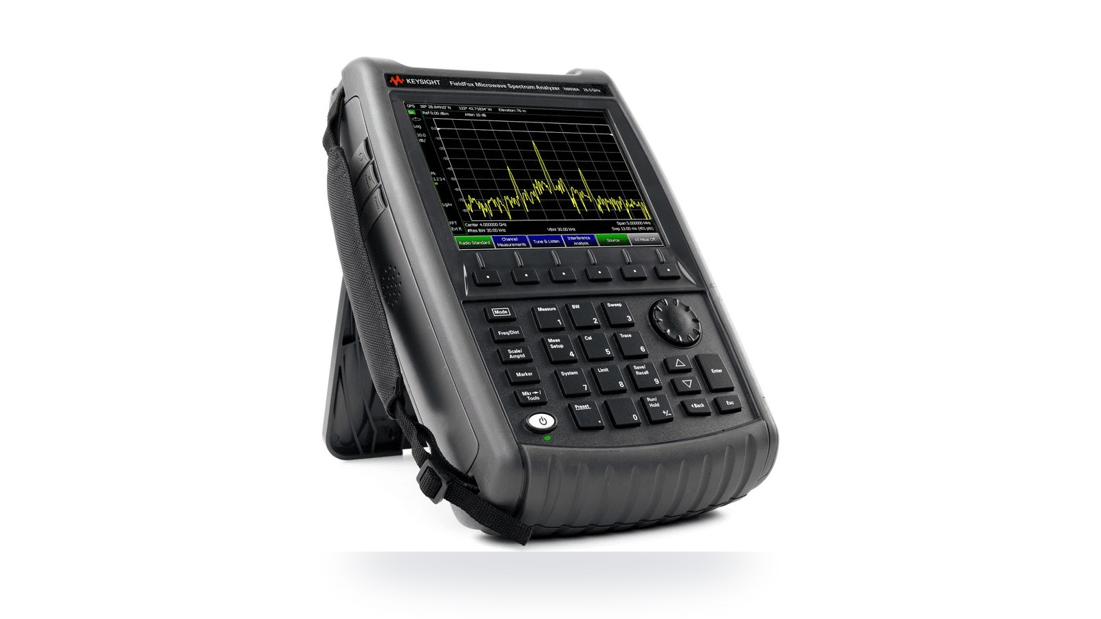 Máy phân tích phổ cầm tay Keysight N9938A chụp góc 3/4 trên nền studio trắng