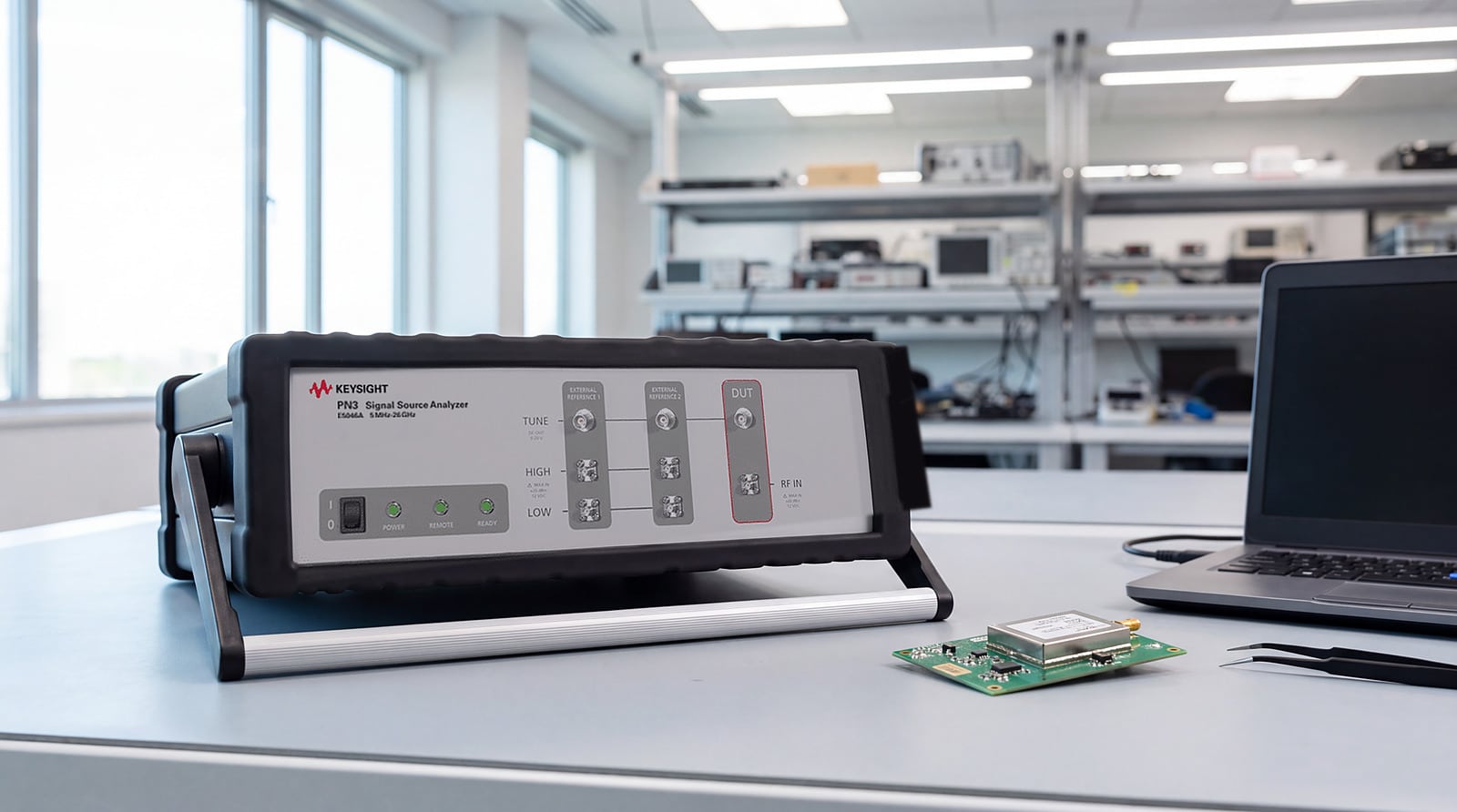 Máy phân tích nguồn tín hiệu Keysight PN3 E5046A trên bàn phòng thí nghiệm thiết kế RF cạnh bo mạch bộ dao động