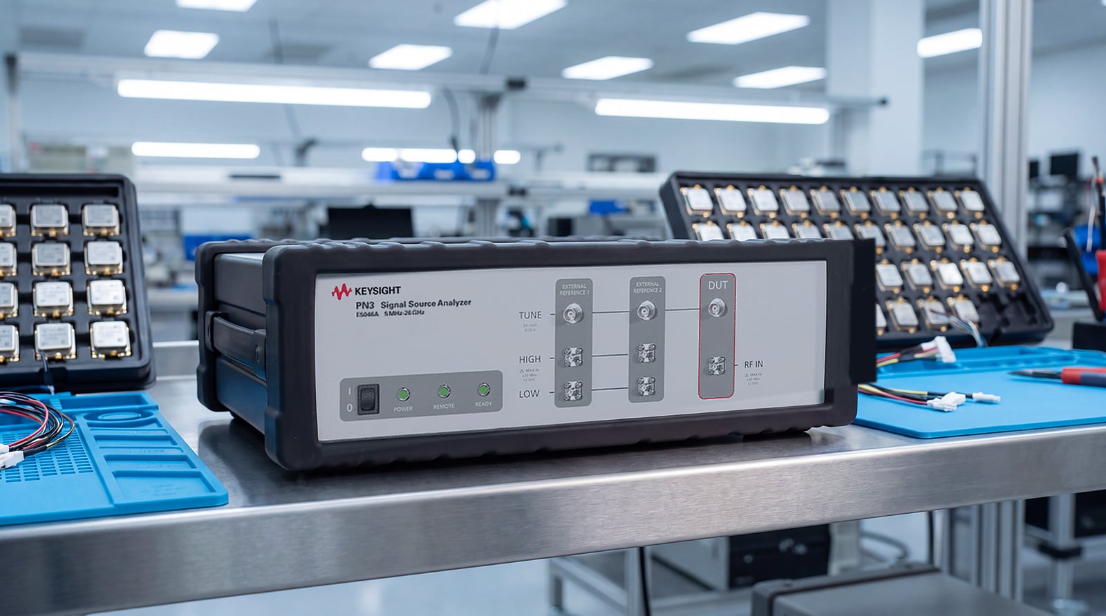 Keysight PN3 E5046A tại trạm kiểm tra sản xuất bộ dao động, bên cạnh khay module dao động kim loại