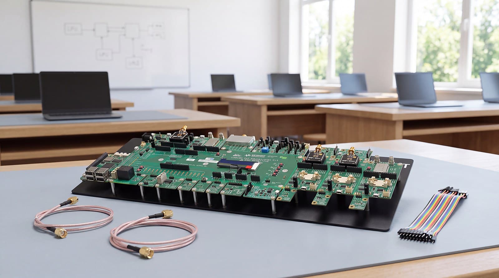 Bo U3810A IoT Educational Kit của Keysight đặt trên bàn thực hành trong phòng thí nghiệm IoT đại học, bên cạnh cáp RF và dây cắm