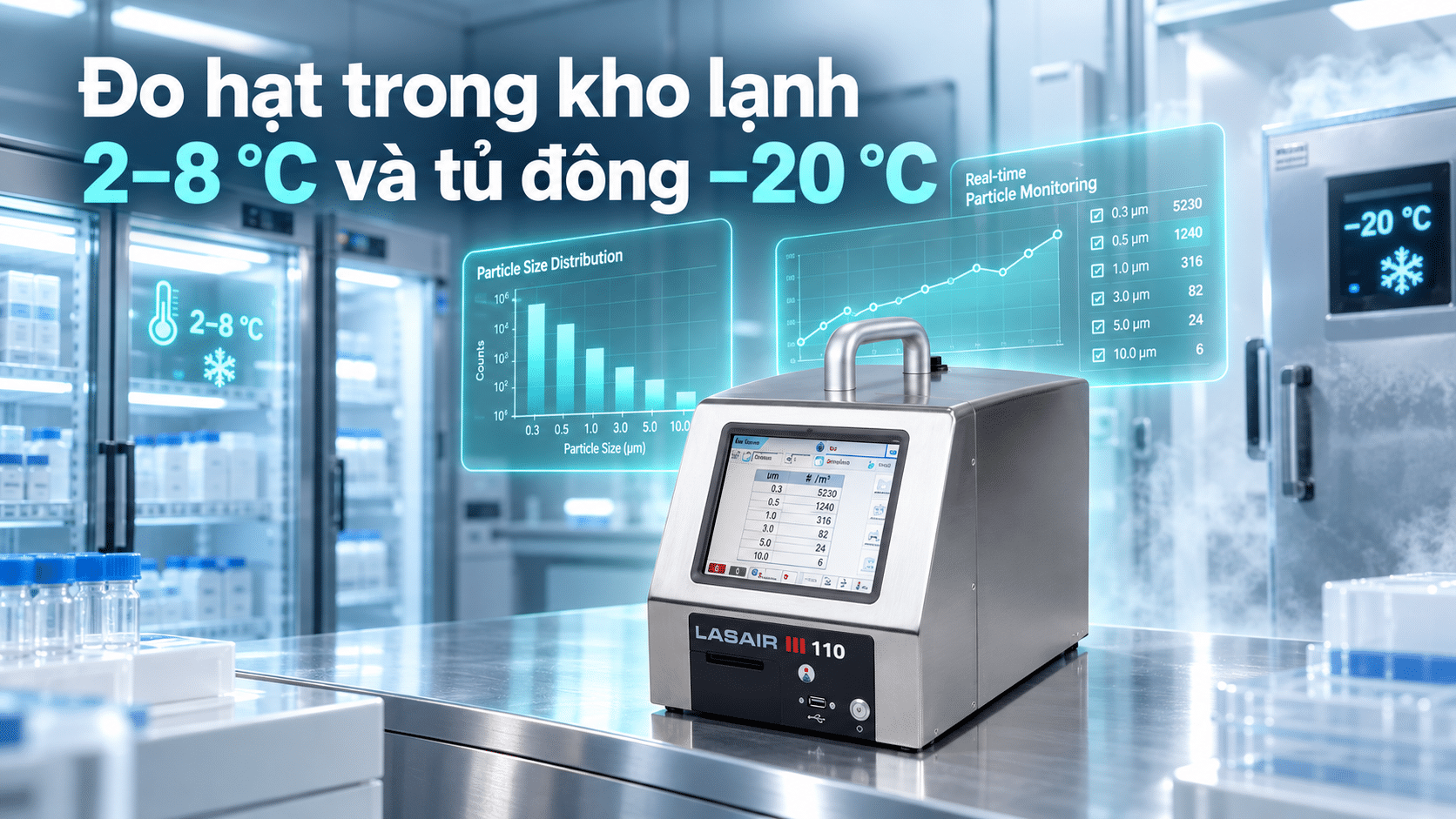Máy đếm hạt tiểu phân PMS Lasair III 110 đo hạt trong kho lạnh và tủ đông