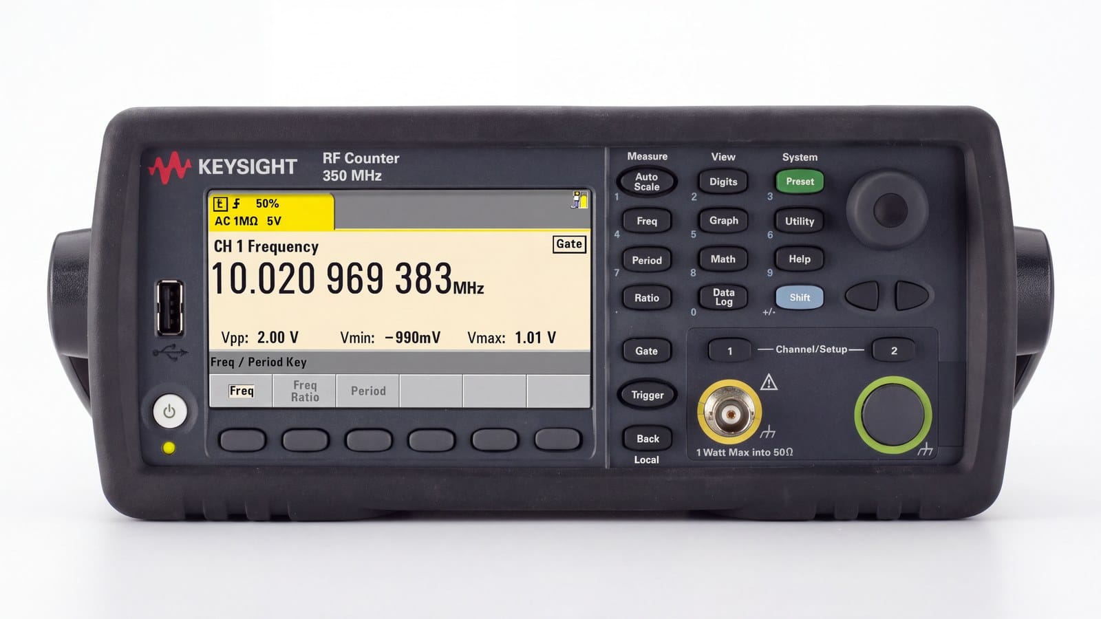 Mặt trước Keysight 53210A với màn hình màu, cổng BNC kênh 1 và phím chức năng
