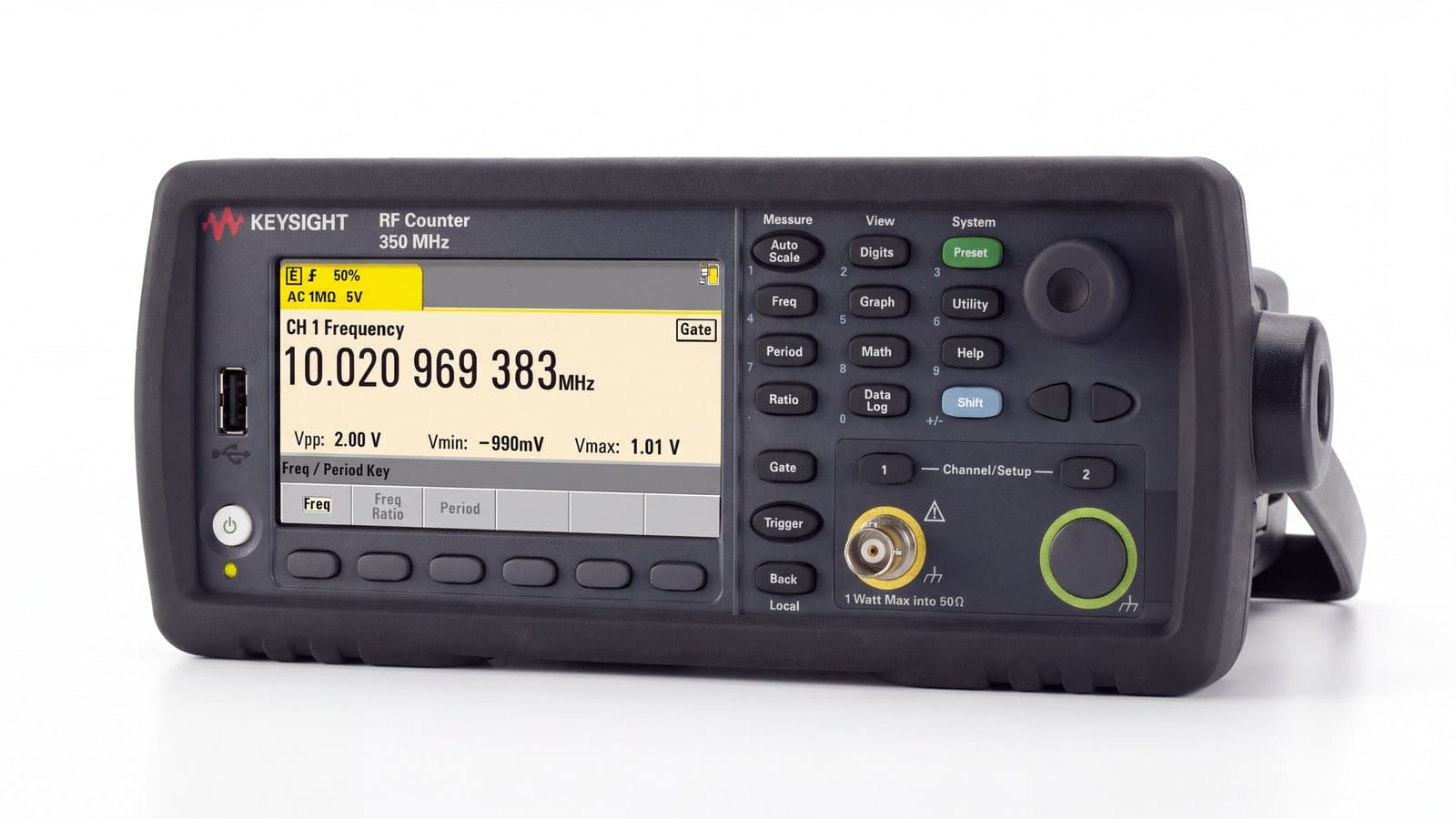 máy đếm tần số RF Keysight 53210A chụp studio nền trắng góc 3/4